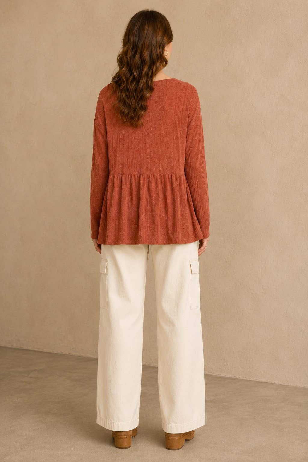 Plus size Rib knit long sleeve top with side yoke.