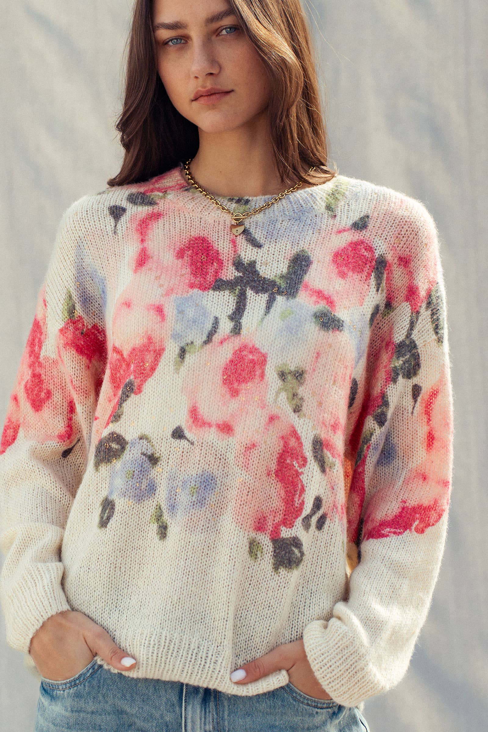 The Rosalie Floral Knit Sweater | Cream & Pink