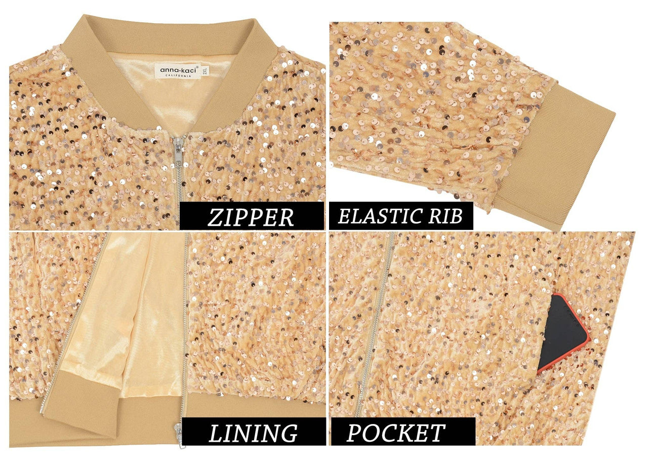Plus Size Sequin Jacket Sparkly Zip Bomber Coat With Pockets