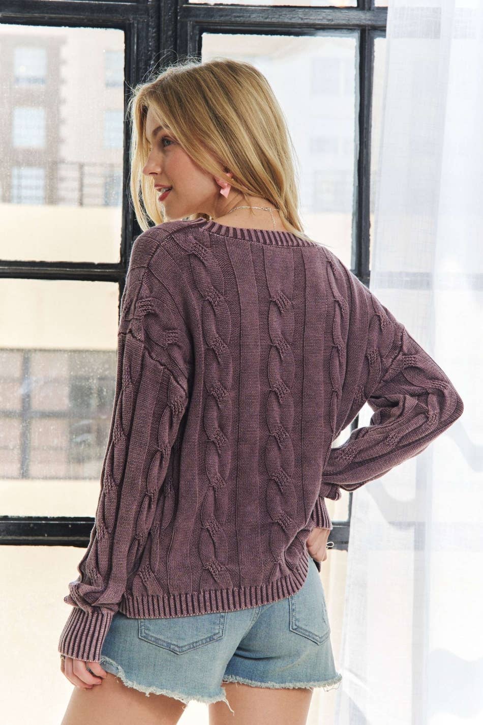 PLUM MINERAL WASHED CABLE KNIT SWEATER TOP