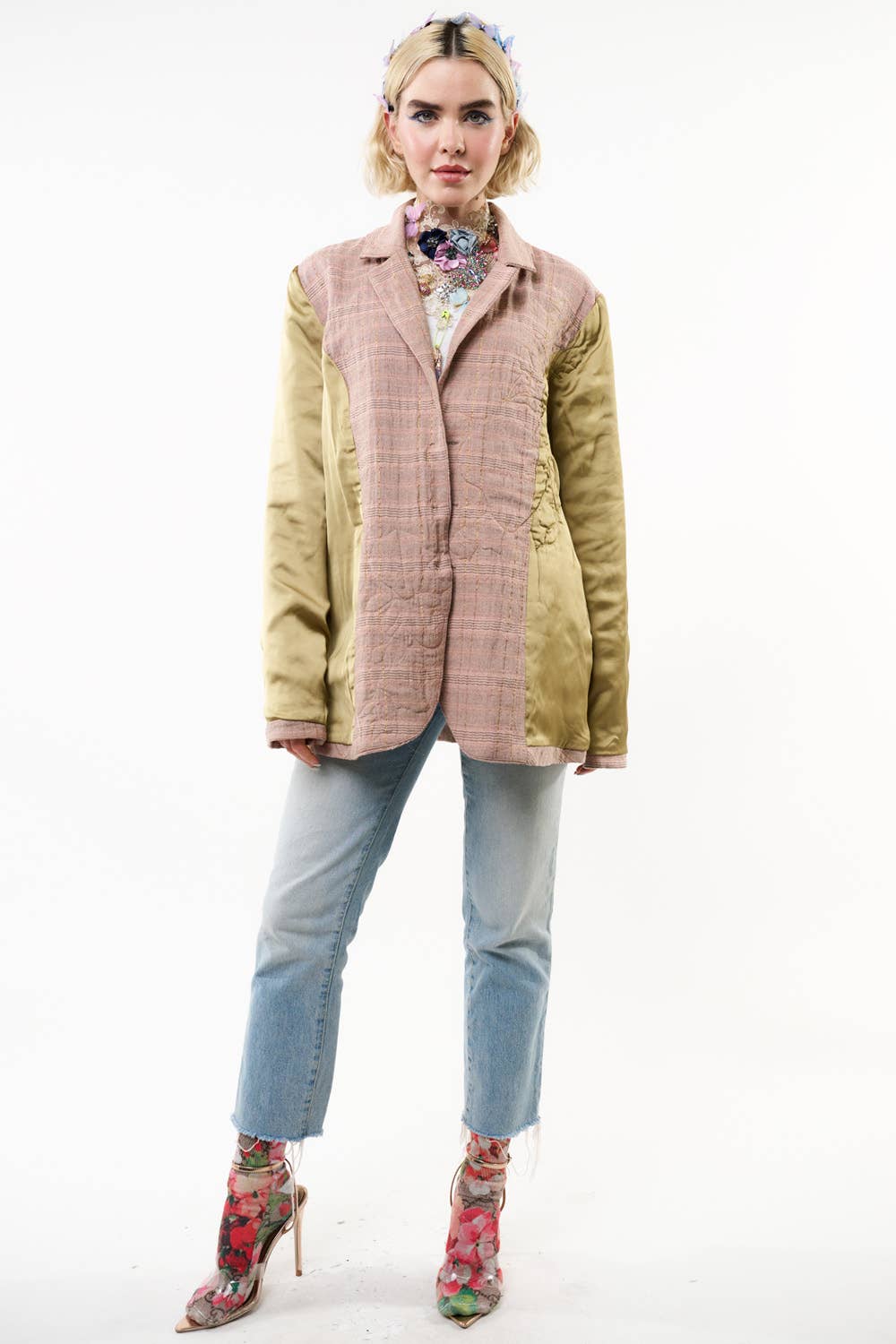 Pink Ash Washed Button-Up Blazer with Embroidered Patches and Velvet Elbow Details