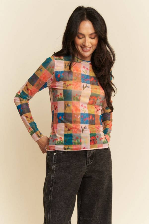 MULTI CHECKER FLORAL PRINTED LONG SLEEVE MESH TOP