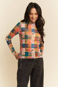 Thumbnail for MULTI CHECKER FLORAL PRINTED LONG SLEEVE MESH TOP