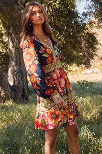 Thumbnail for Women’s boho floral mini dress with long puff sleeves and smocked waist