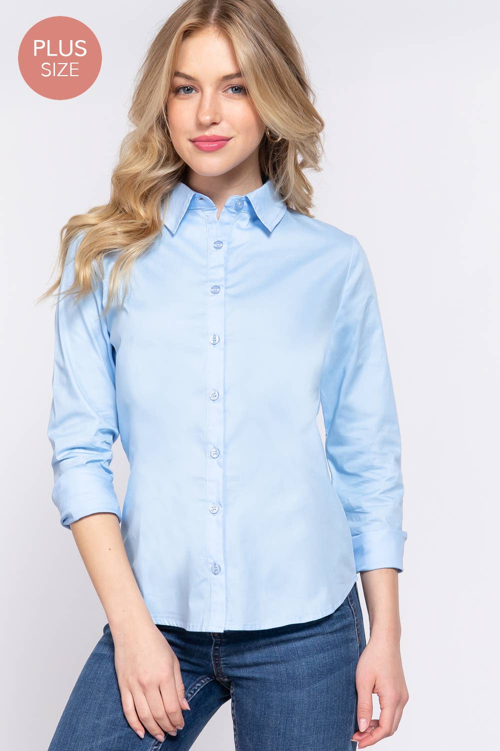 [PLUS SIZE] Long Sleeve Button Down Stretch Poplin Shirt