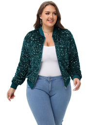 Thumbnail for Plus Size Sequin Jacket Sparkly Zip Bomber Coat With Pockets