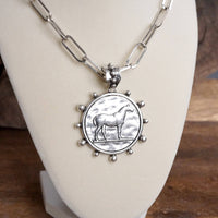 Thumbnail for Equestrian Western Horse Coin Statement Necklace Set – Worn Silver Tone