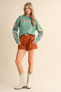 Thumbnail for FLORAL EMBROIDERY PULLOVER SWEATER MSW10963