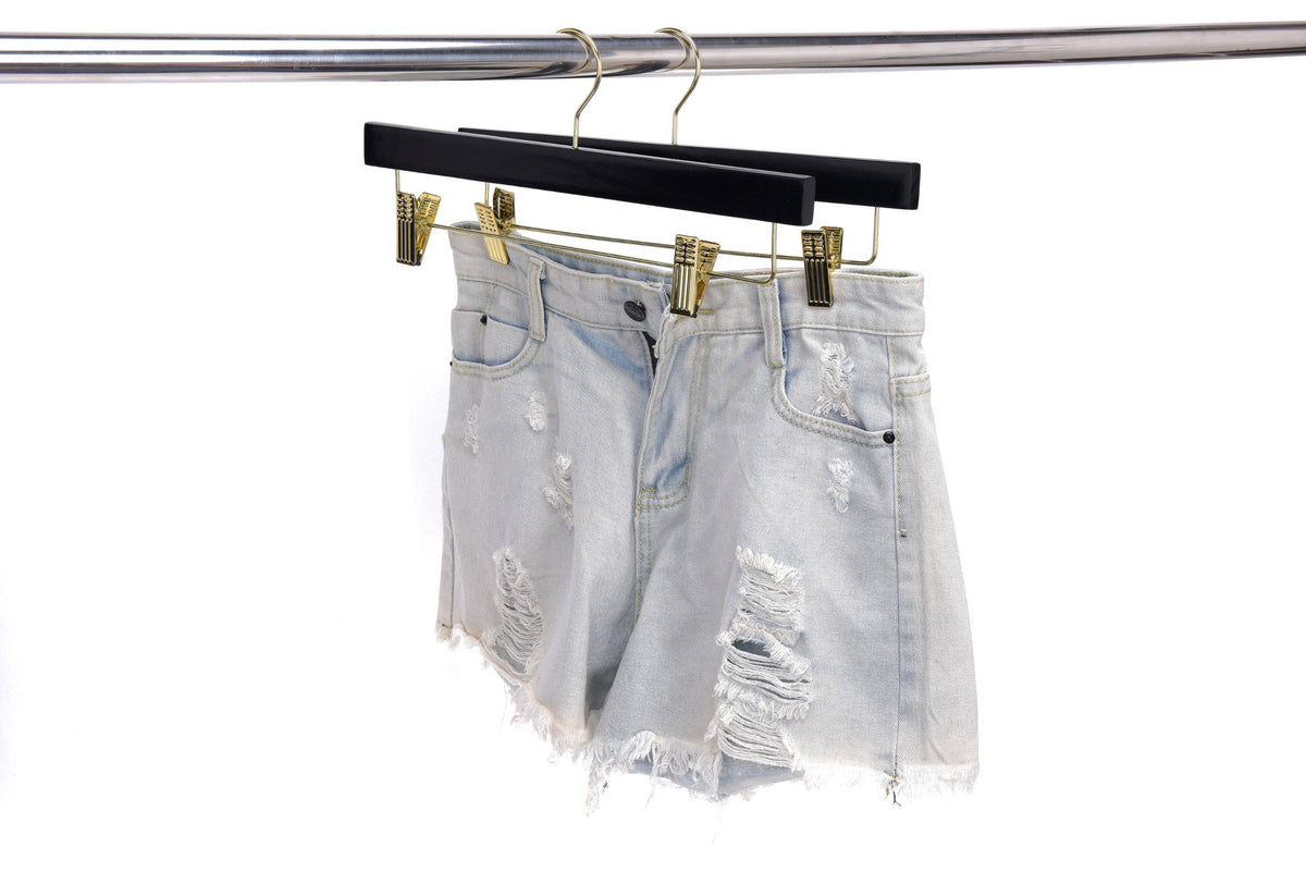 W073 - Wooden Straight Skirt Hangers - Black/Gold hook - 120