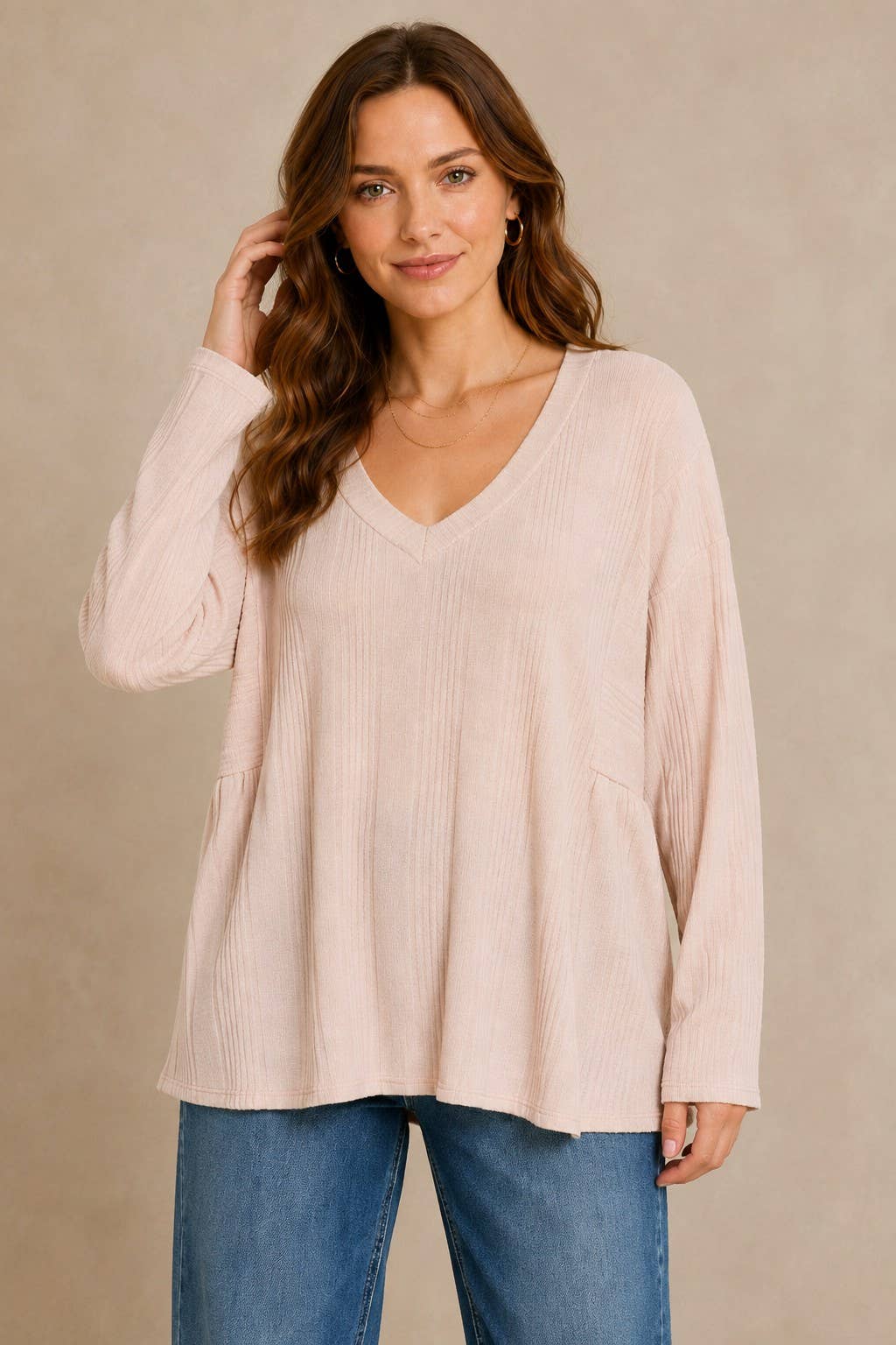 Plus size Rib knit long sleeve top with side yoke.