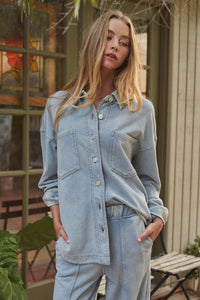 Thumbnail for The Tessa Washed Shirt Jacket | Light Blue Oversized Button Down