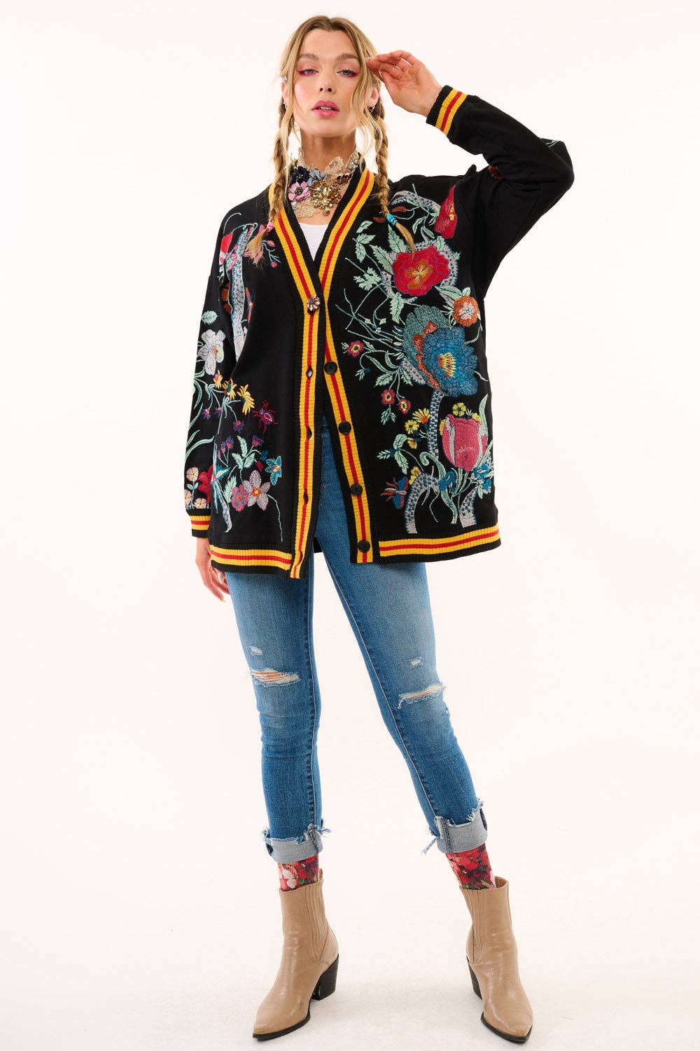Hermione French Terry Cardigan | Floral Embroidered Jacket