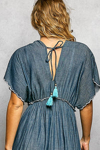 Thumbnail for Embroidery Ruffle Neck Loop Cotton Denim V-neck Long Dress