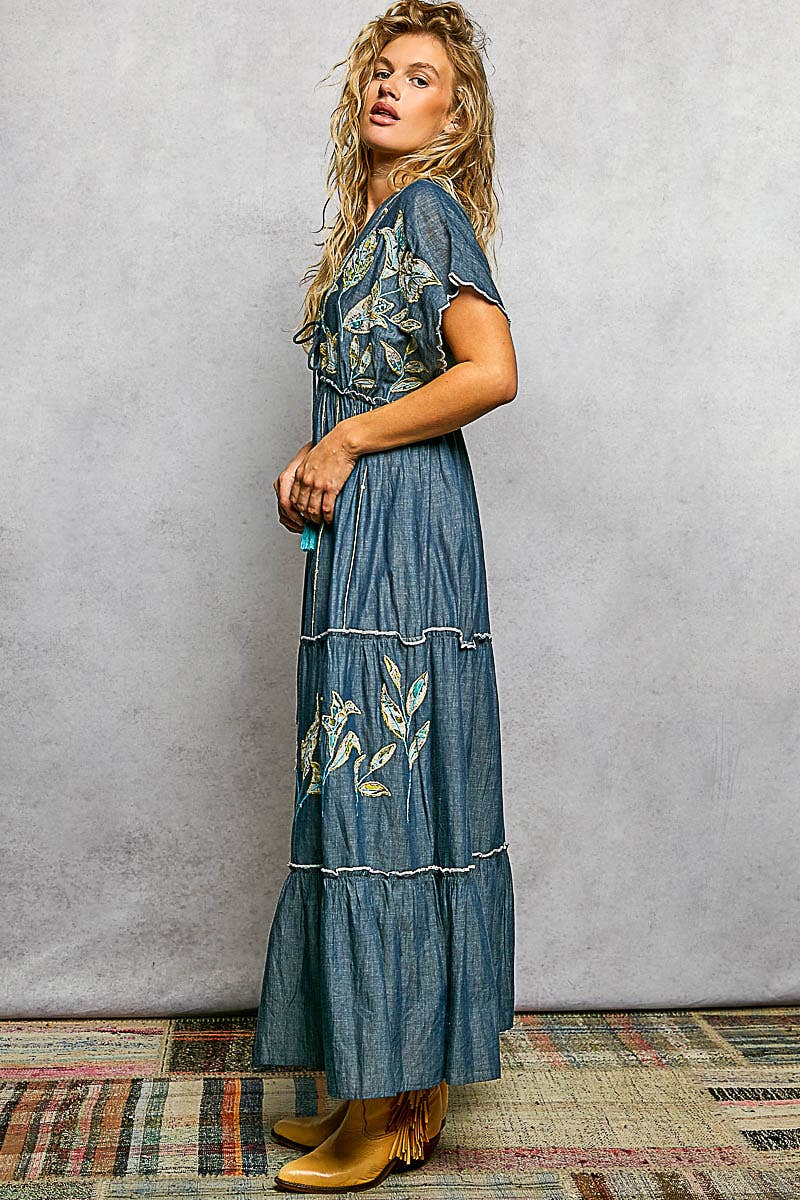 Embroidery Ruffle Neck Loop Cotton Denim V-neck Long Dress