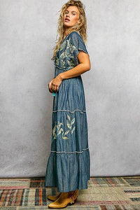 Thumbnail for Embroidery Ruffle Neck Loop Cotton Denim V-neck Long Dress