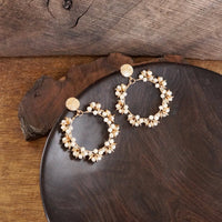 Thumbnail for Floral Wreath Glass Bead Statement Earrings – Cream & Gold