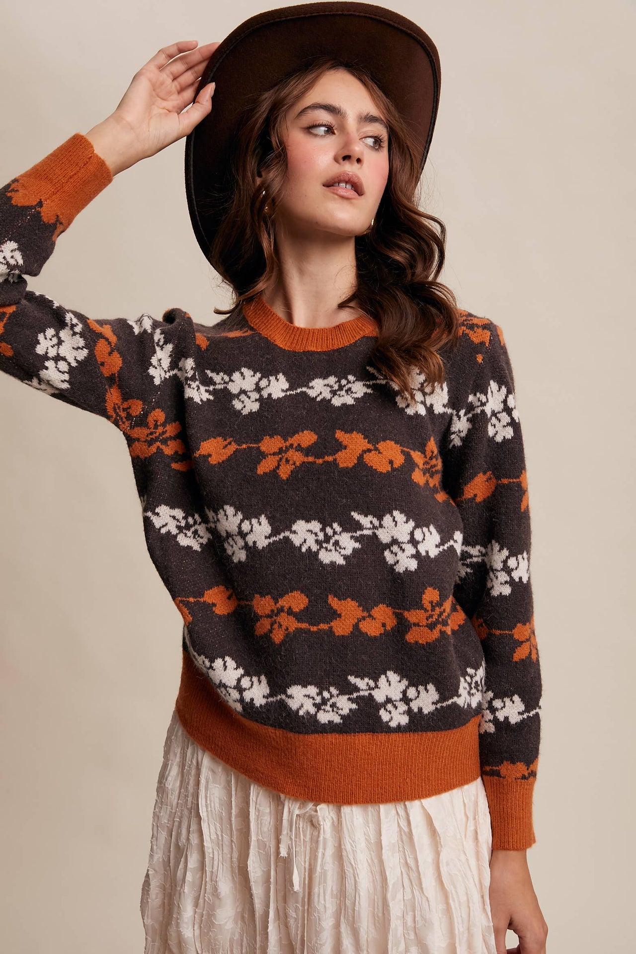 Floral Jacquard Knit Muted Rose Pullover Sweater