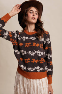 Thumbnail for Floral Jacquard Knit Muted Rose Pullover Sweater