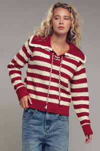Thumbnail for Lace-Up Cable Knit Striped Sweater Top