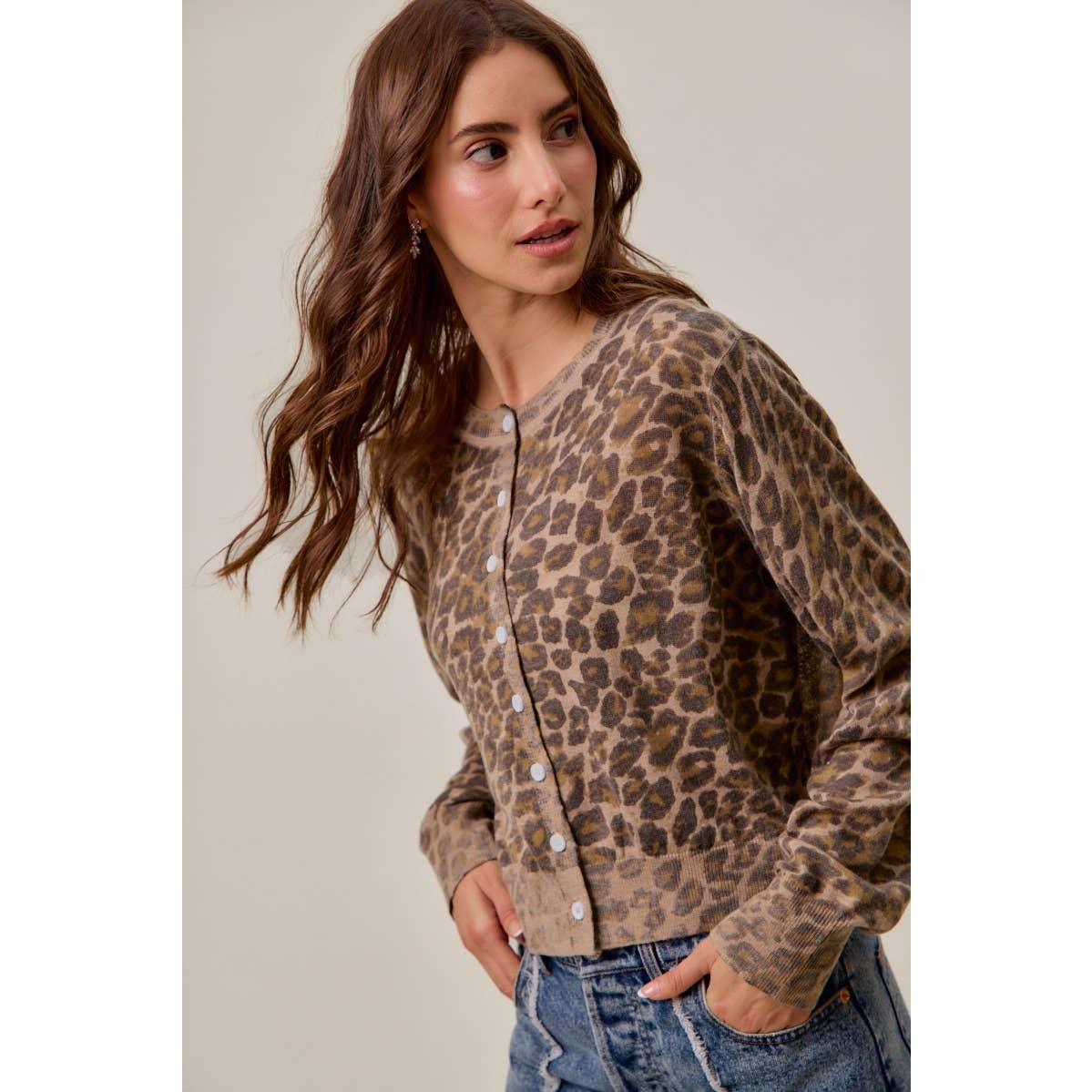 WASHED INSPIRED LEOPARD PRINT SWEATER CARDIGAN