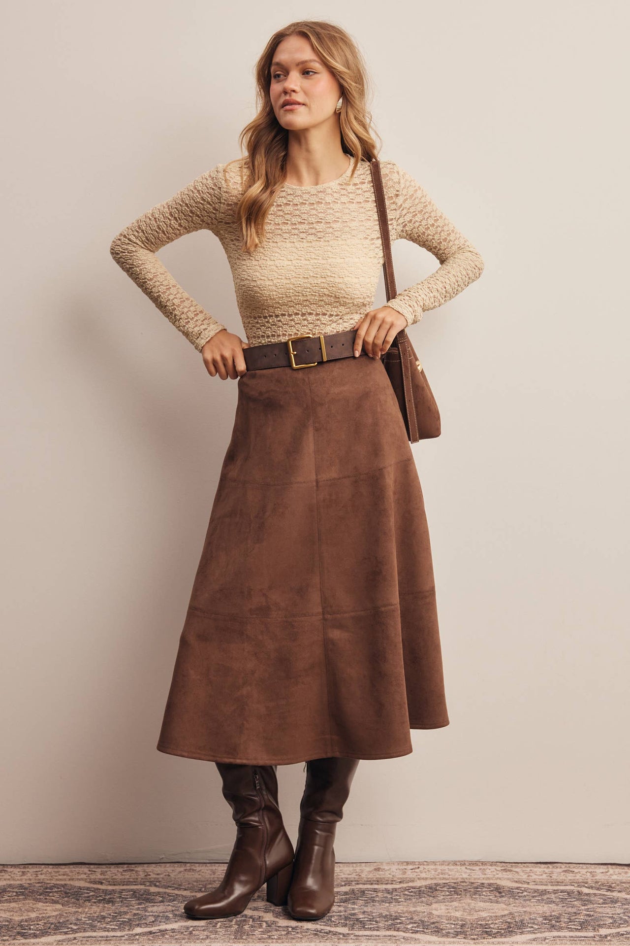 Stretched Suede A-Line Midi Skirt FSK0023