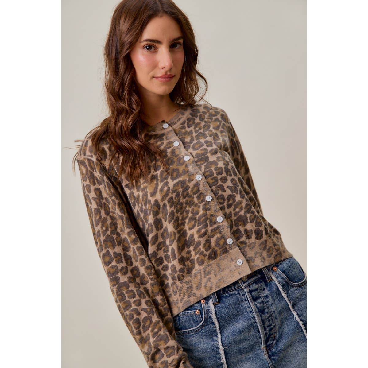 WASHED INSPIRED LEOPARD PRINT SWEATER CARDIGAN