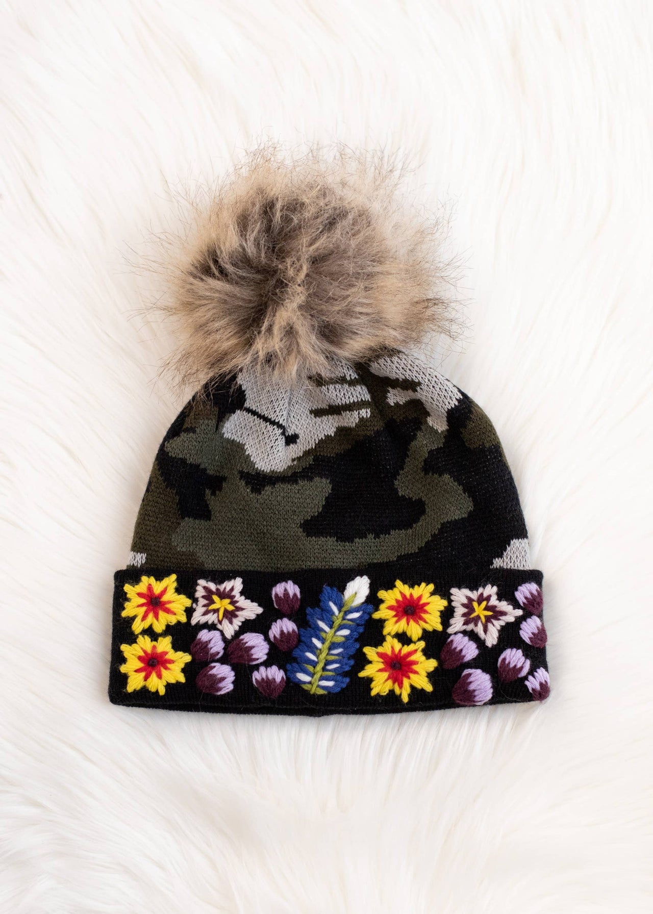 Luxe Green Camo w/ Floral Pattern Cuff Pom Hat