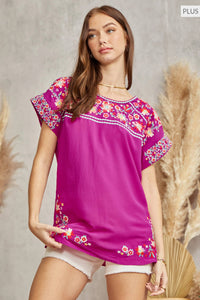 Thumbnail for PLUS SIZE Embroidered Top: MAGENTA