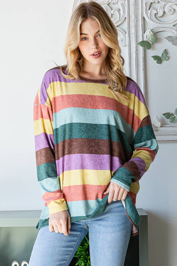 Multi-color Stripe Top with a Roundneck and Slits