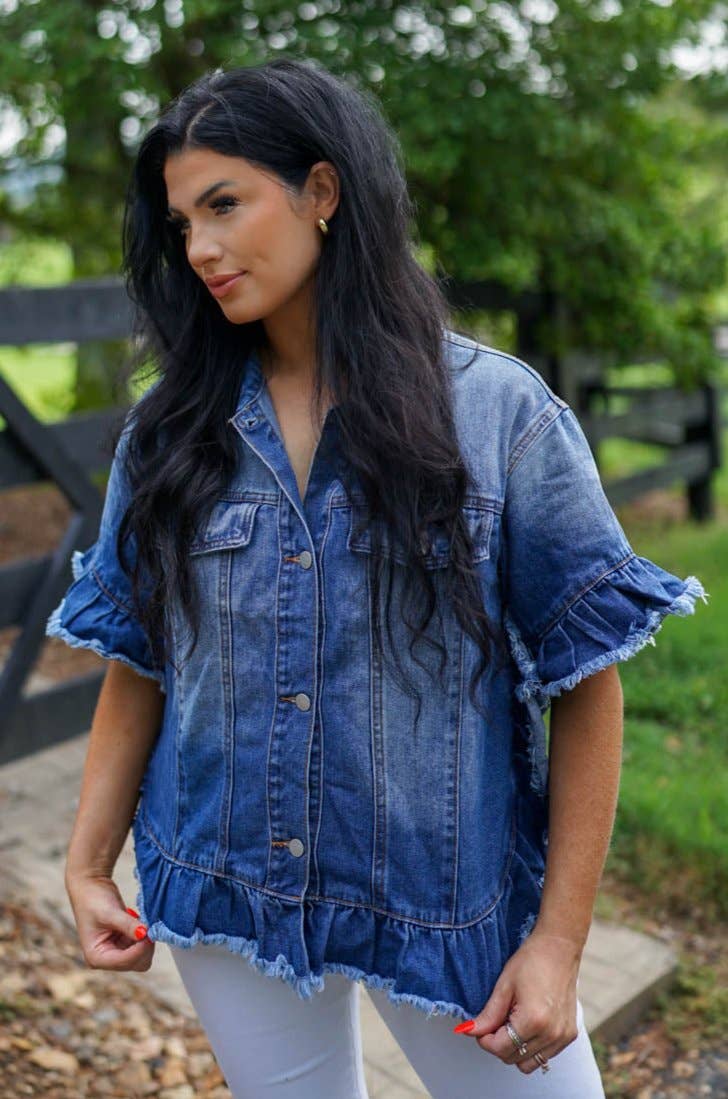 Raw Edge Ruffled Short Sleeve Denim Jacket