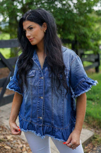 Thumbnail for Raw Edge Ruffled Short Sleeve Denim Jacket