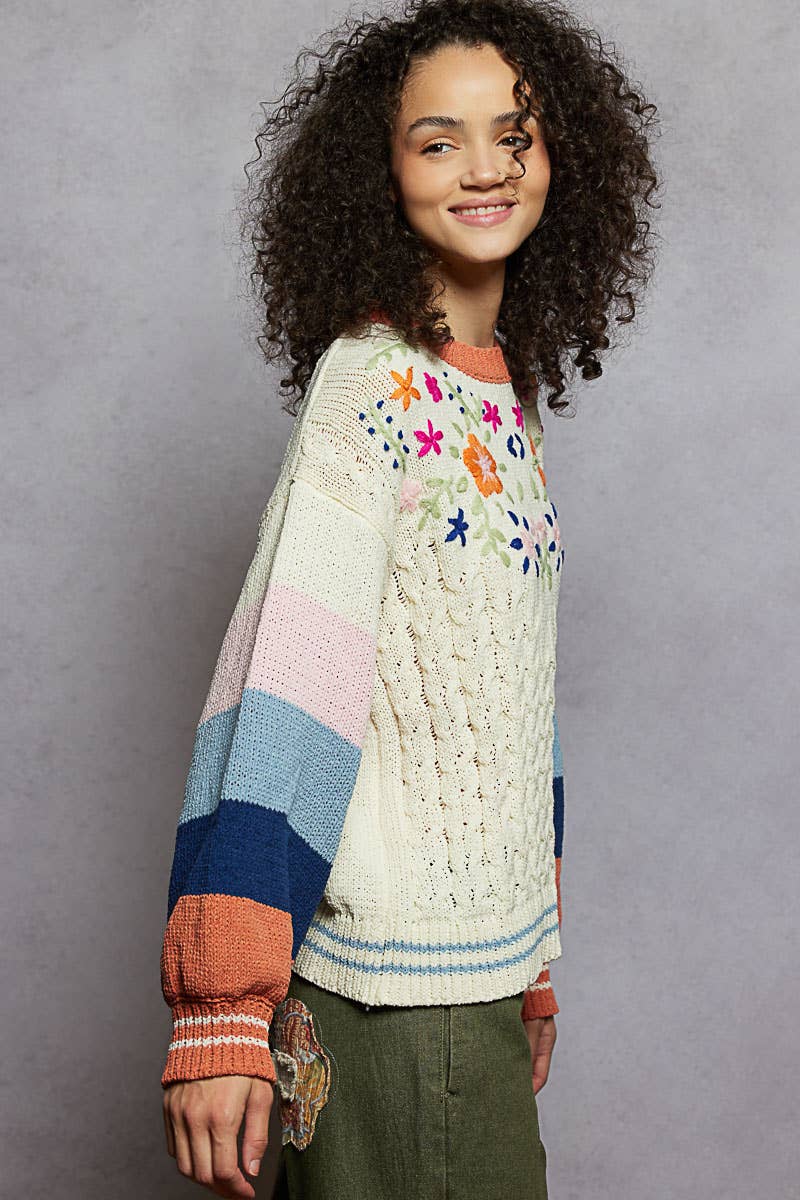 Color block pattern floral embroidered chenille sweater top