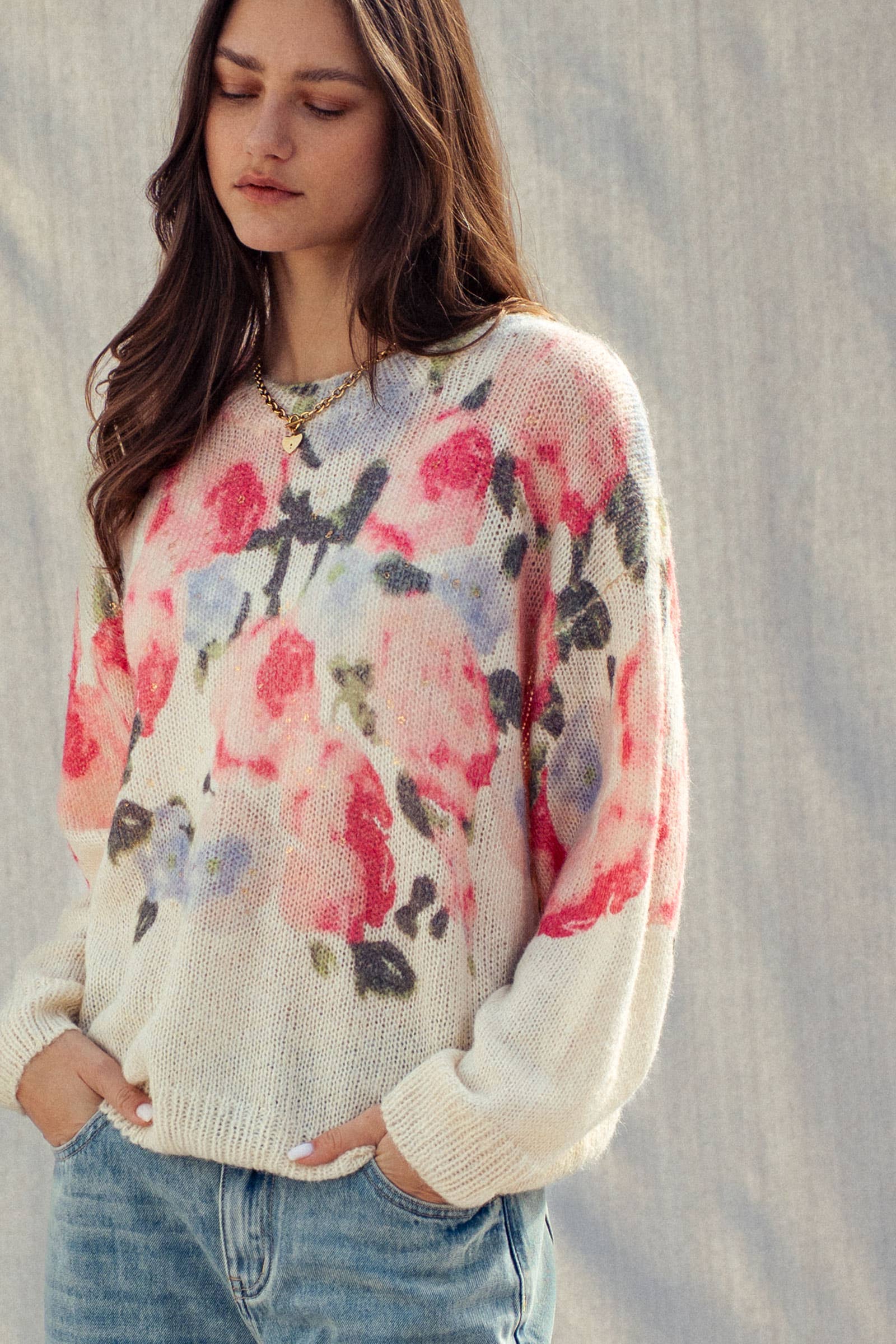 The Rosalie Floral Knit Sweater | Cream & Pink