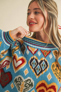 Thumbnail for HEART PATTERN PULLOVER SWEATER
