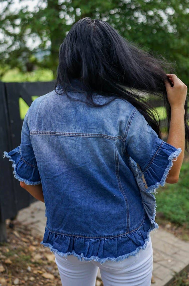 Raw Edge Ruffled Short Sleeve Denim Jacket