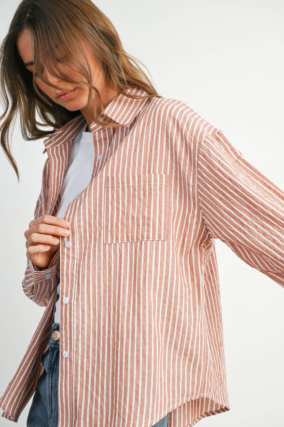 Cropped Striped Button-Up Collared Long Sleeve Top - BMT7915