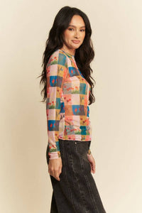 Thumbnail for MULTI CHECKER FLORAL PRINTED LONG SLEEVE MESH TOP