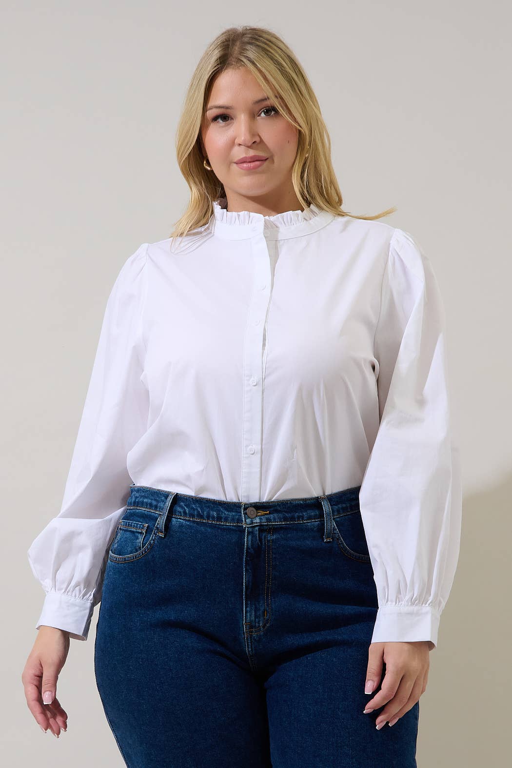 Doris Button Down Shirt Curve | White Cotton Ruffle Collar Blouse