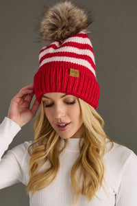 Thumbnail for Red & Pink Striped Pom Hat