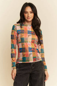 Thumbnail for MULTI CHECKER FLORAL PRINTED LONG SLEEVE MESH TOP