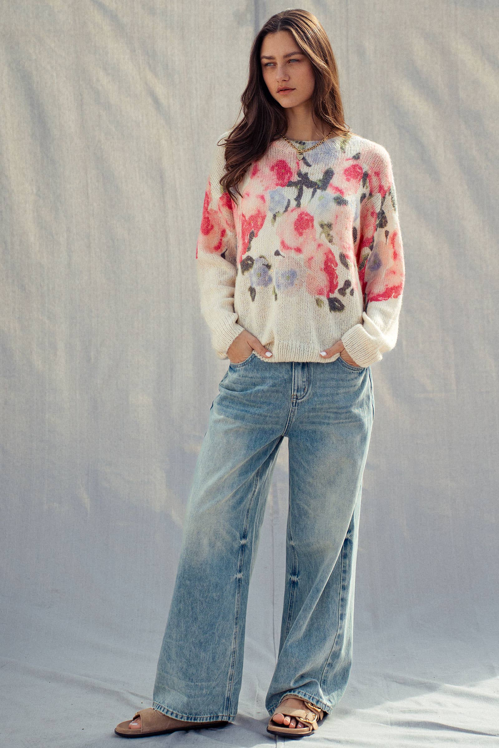 The Rosalie Floral Knit Sweater | Cream & Pink