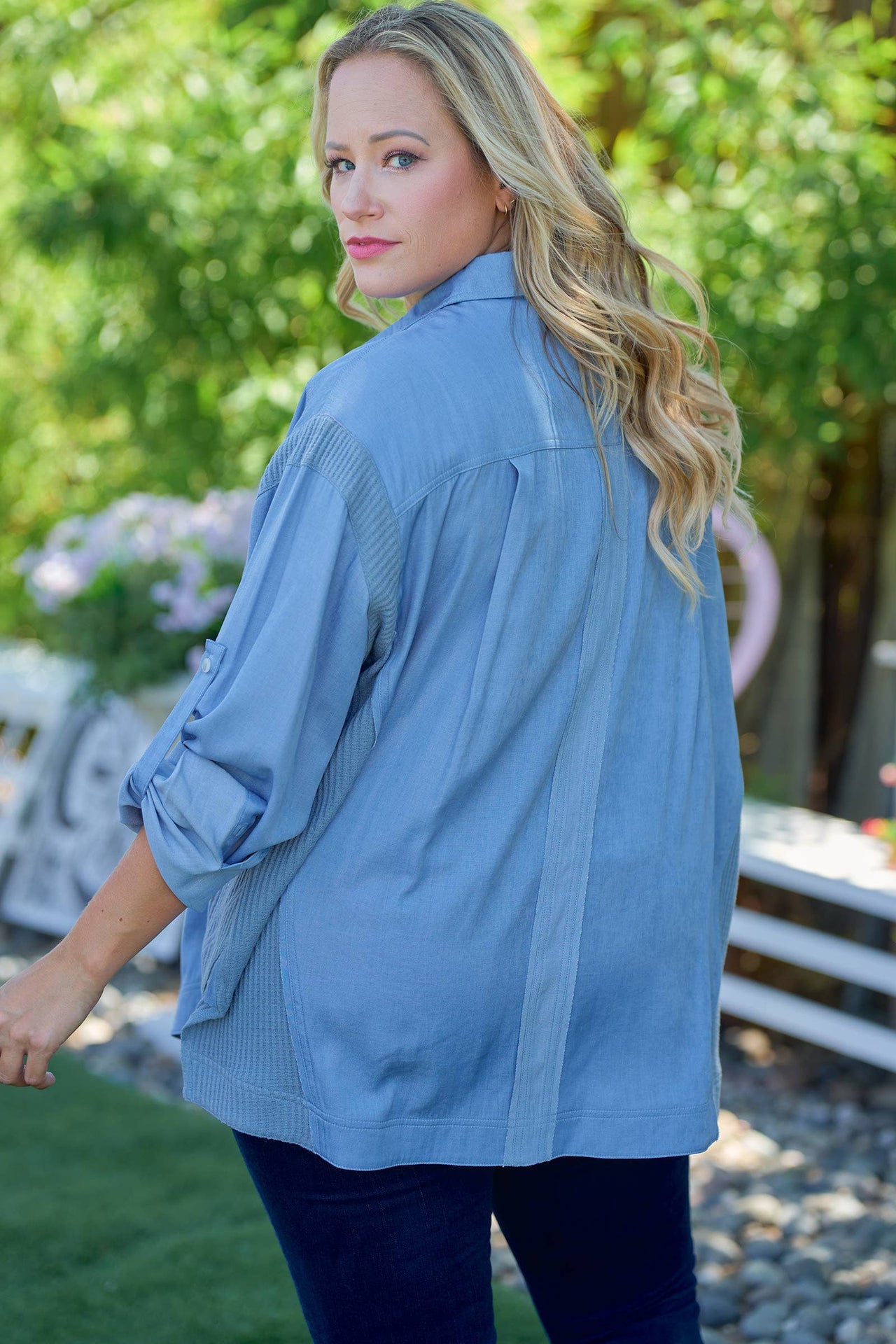 Plus Breezy Denim-Blue Button-Up