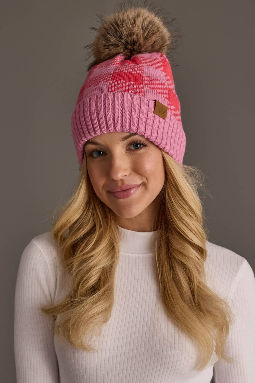 Pink & Bright Pink Plaid Knit Pom Hat