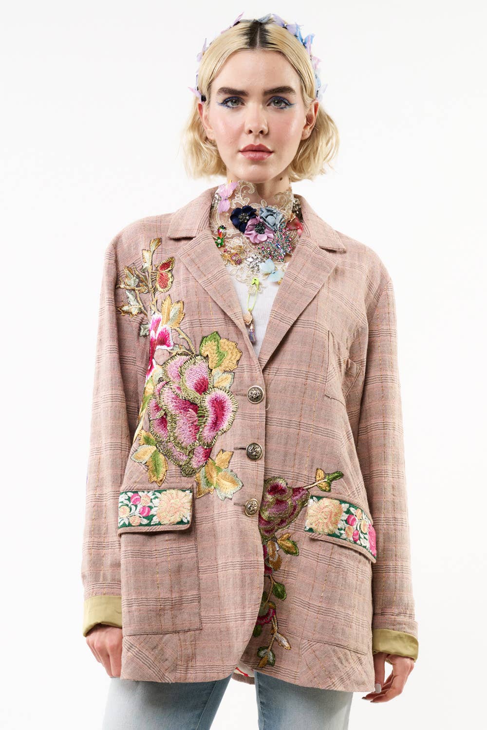 Pink Ash Washed Button-Up Blazer with Embroidered Patches and Velvet Elbow Details