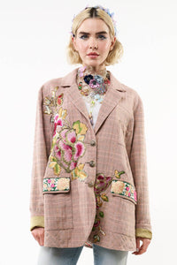 Thumbnail for Pink Ash Washed Button-Up Blazer with Embroidered Patches and Velvet Elbow Details