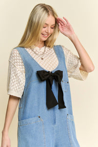 Thumbnail for WASHED SOFT DENIM BOW TIE ZIPPER FRONT JUMPSUIT