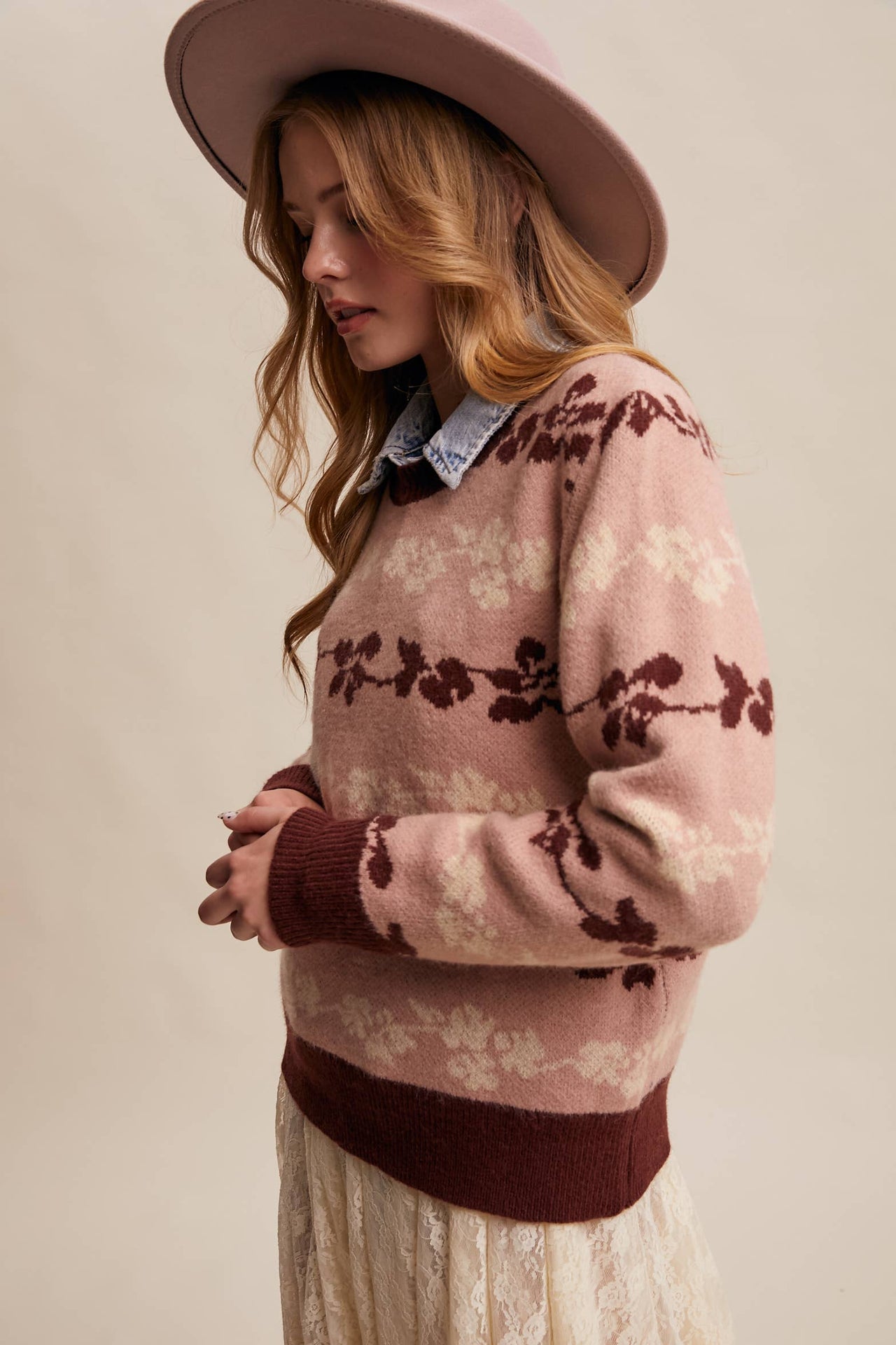 Floral Jacquard Knit Muted Rose Pullover Sweater