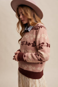 Thumbnail for Floral Jacquard Knit Muted Rose Pullover Sweater