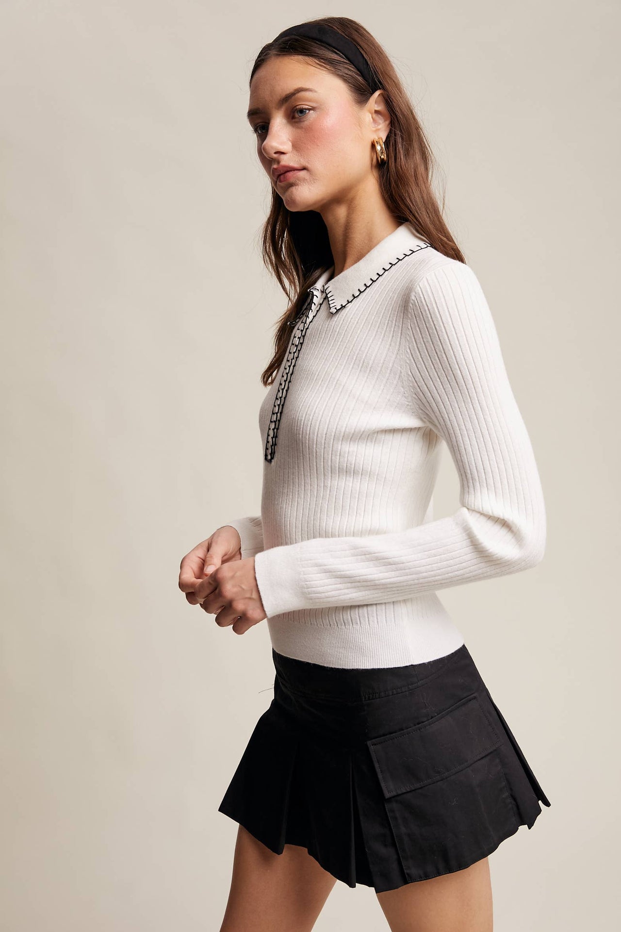 Contrast Stitch Ribbed Knit Top Black and Soft Cream