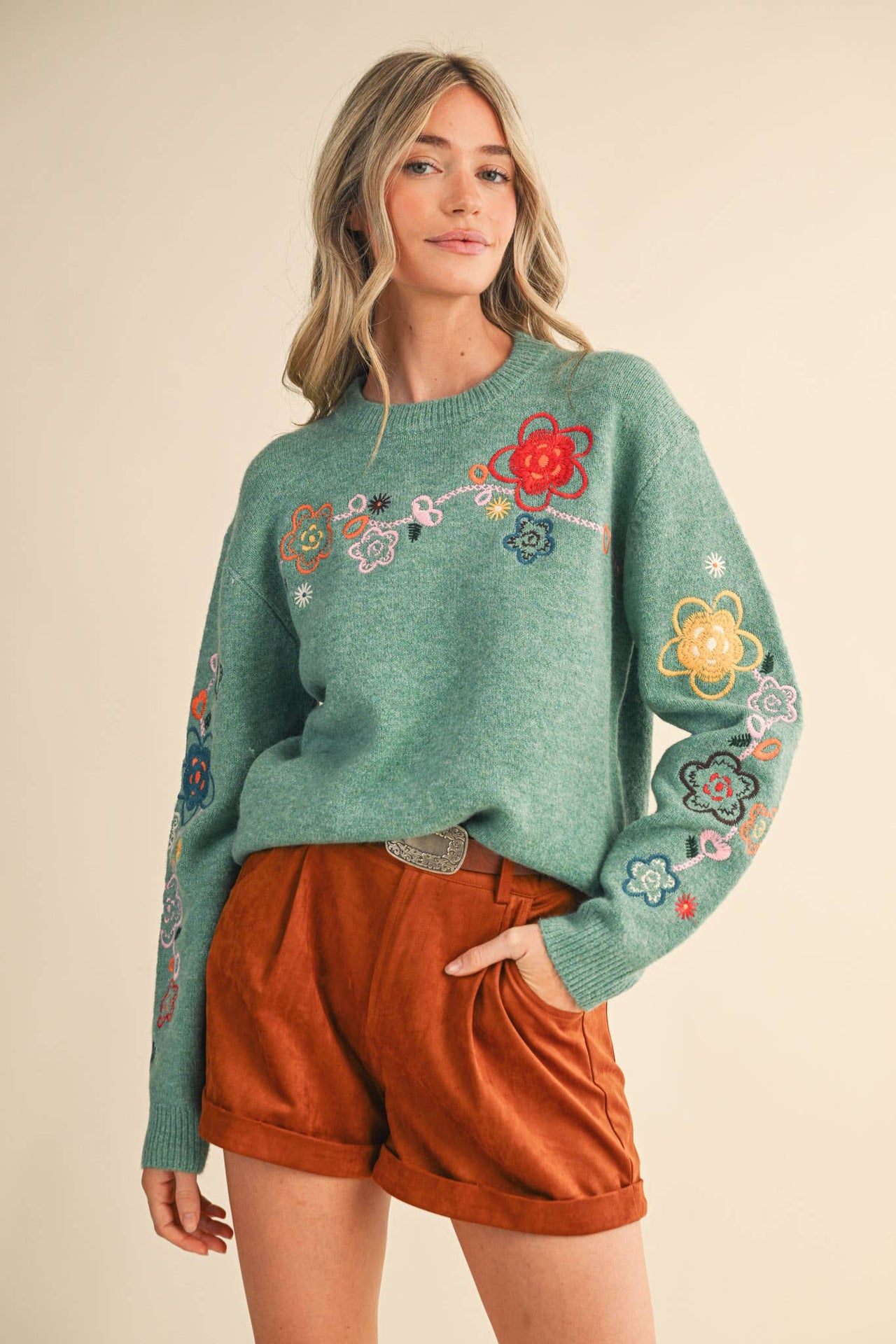 FLORAL EMBROIDERY PULLOVER SWEATER MSW10963
